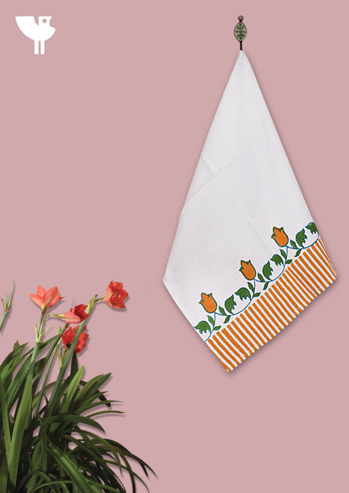 Handloom Cotton Hand Towel  With Block Print Border